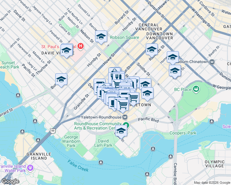 map of restaurants, bars, coffee shops, grocery stores, and more near 1111 Richards Street in Vancouver
