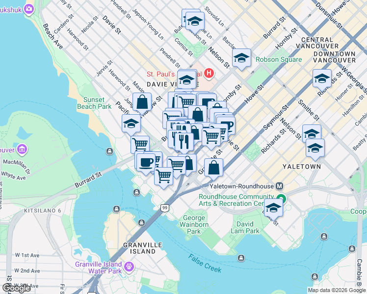 map of restaurants, bars, coffee shops, grocery stores, and more near 1330 Hornby Street in Vancouver
