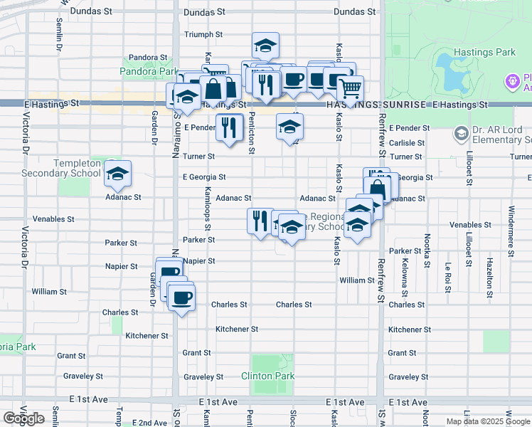 map of restaurants, bars, coffee shops, grocery stores, and more near 2633 Venables Street in Vancouver