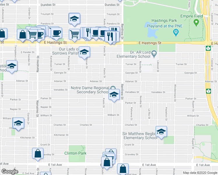 map of restaurants, bars, coffee shops, grocery stores, and more near 2825 Venables Street in Vancouver