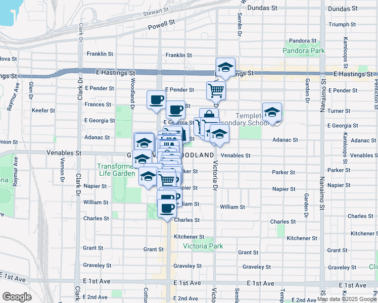 map of restaurants, bars, coffee shops, grocery stores, and more near 1809 Venables Street in Vancouver