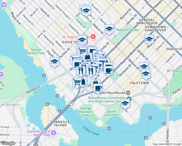 map of restaurants, bars, coffee shops, grocery stores, and more near 789 Drake Street in Vancouver