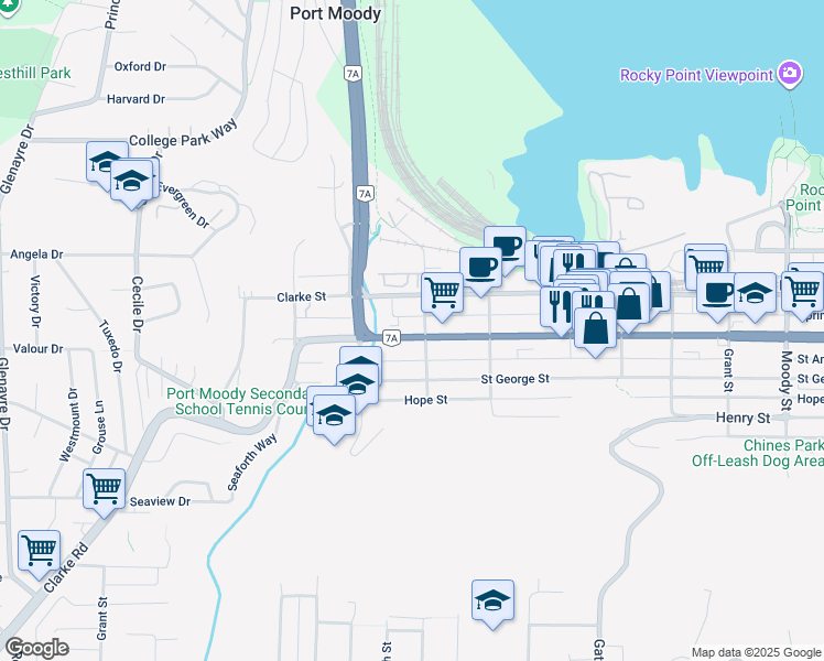 map of restaurants, bars, coffee shops, grocery stores, and more near 2126 Saint Johns Street in Port Moody
