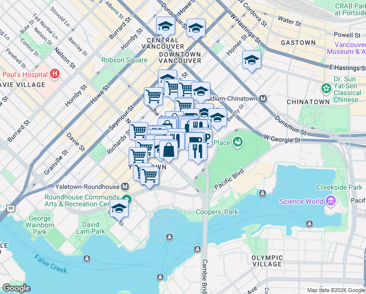 map of restaurants, bars, coffee shops, grocery stores, and more near 930 Cambie Street in Vancouver