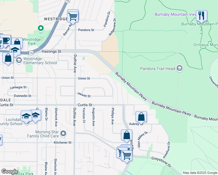 map of restaurants, bars, coffee shops, grocery stores, and more near 7378 Union Street in Burnaby