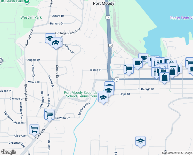 map of restaurants, bars, coffee shops, grocery stores, and more near 2002 Saint Johns Street in Port Moody
