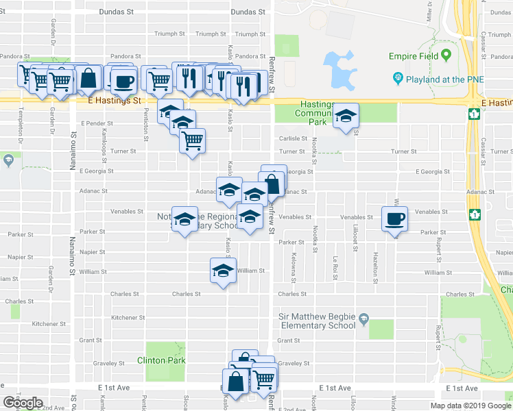 map of restaurants, bars, coffee shops, grocery stores, and more near 2869 Venables Street in Vancouver