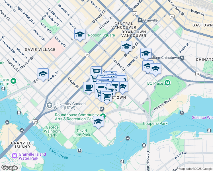 map of restaurants, bars, coffee shops, grocery stores, and more near 1055 Homer Street in Vancouver
