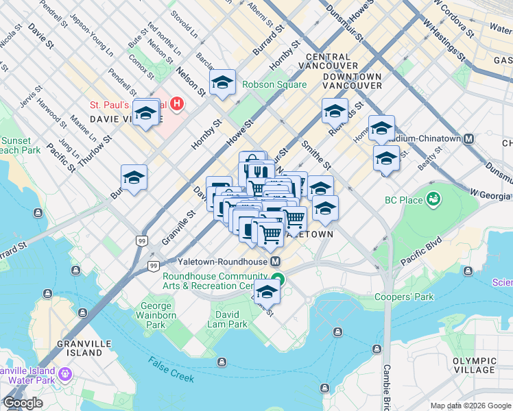 map of restaurants, bars, coffee shops, grocery stores, and more near 1111 Richards Street in Vancouver