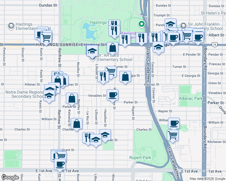 map of restaurants, bars, coffee shops, grocery stores, and more near 829 Windermere Street in Vancouver