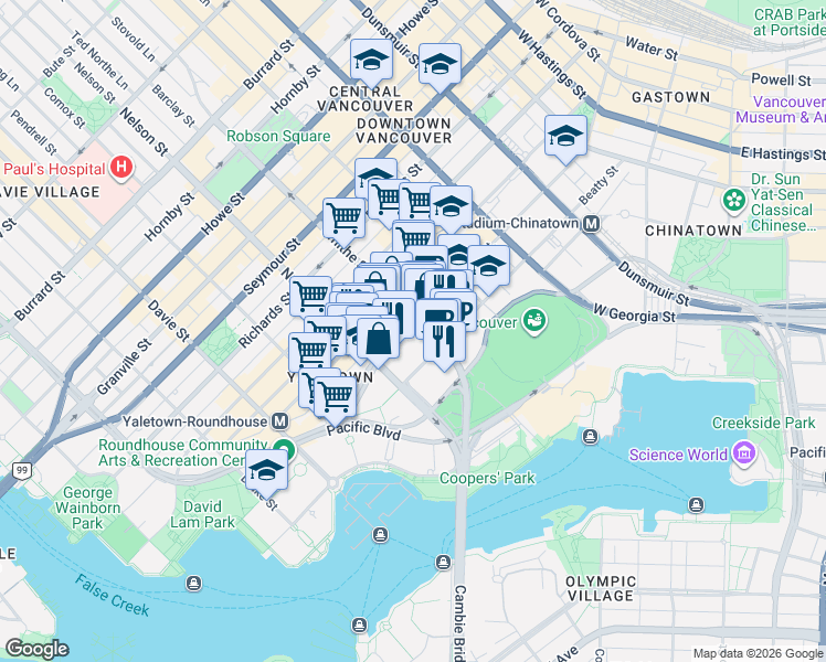 map of restaurants, bars, coffee shops, grocery stores, and more near 930 Cambie Street in Vancouver