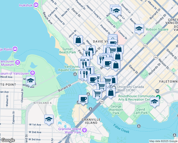 map of restaurants, bars, coffee shops, grocery stores, and more near 1005 Beach Avenue in Vancouver