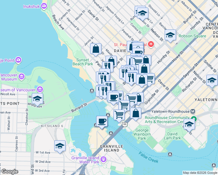 map of restaurants, bars, coffee shops, grocery stores, and more near 1005 Beach Avenue in Vancouver