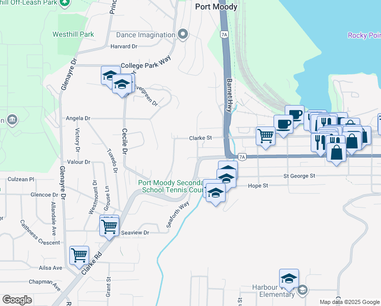 map of restaurants, bars, coffee shops, grocery stores, and more near 1940 Saint Johns Street in Port Moody