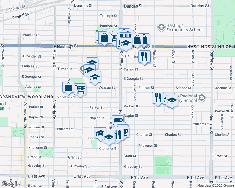 map of restaurants, bars, coffee shops, grocery stores, and more near 865 Nanaimo Street in Vancouver