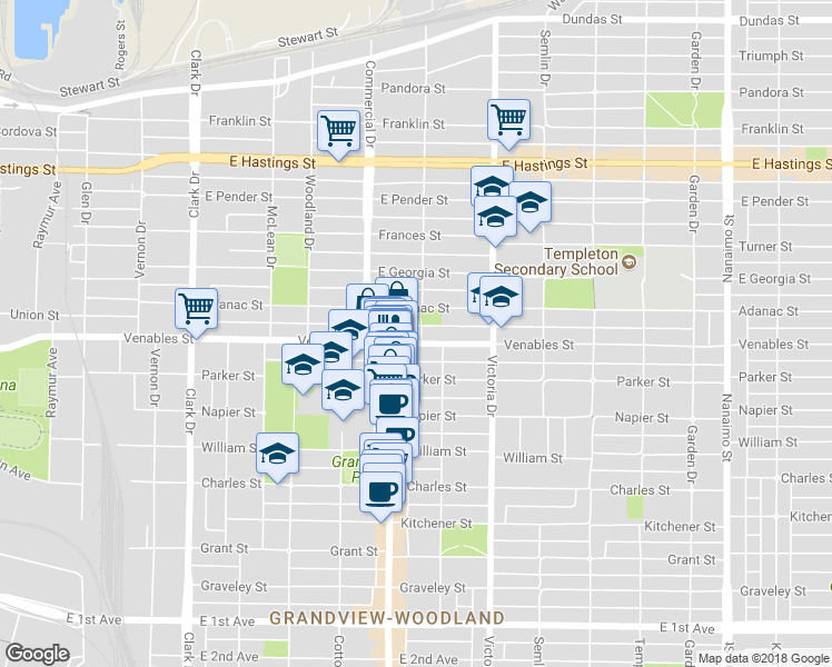 map of restaurants, bars, coffee shops, grocery stores, and more near in Vancouver