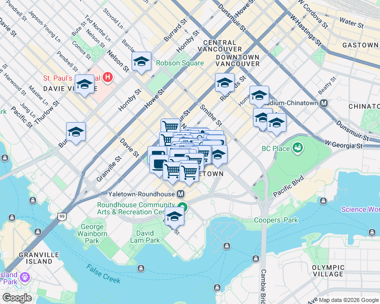 map of restaurants, bars, coffee shops, grocery stores, and more near 1055 Homer Street in Vancouver