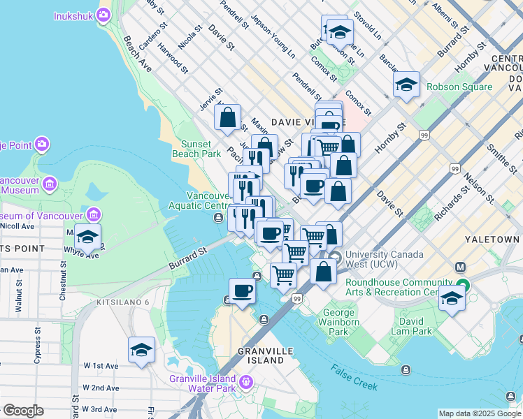 map of restaurants, bars, coffee shops, grocery stores, and more near in Vancouver