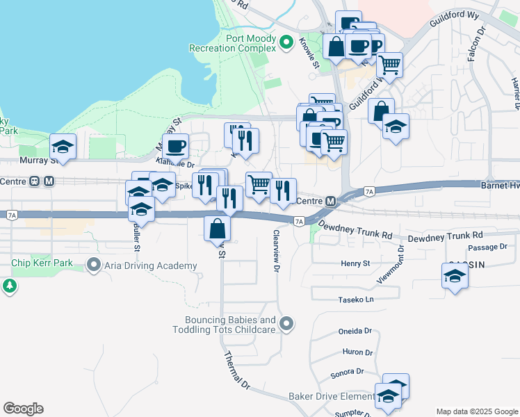 map of restaurants, bars, coffee shops, grocery stores, and more near 3239 Barnet Highway in Port Moody