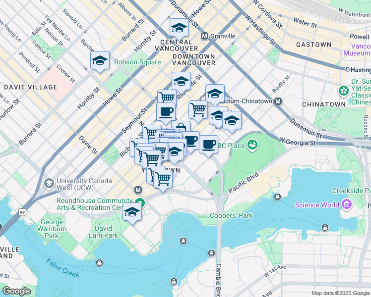map of restaurants, bars, coffee shops, grocery stores, and more near 910 Mainland Street in Vancouver