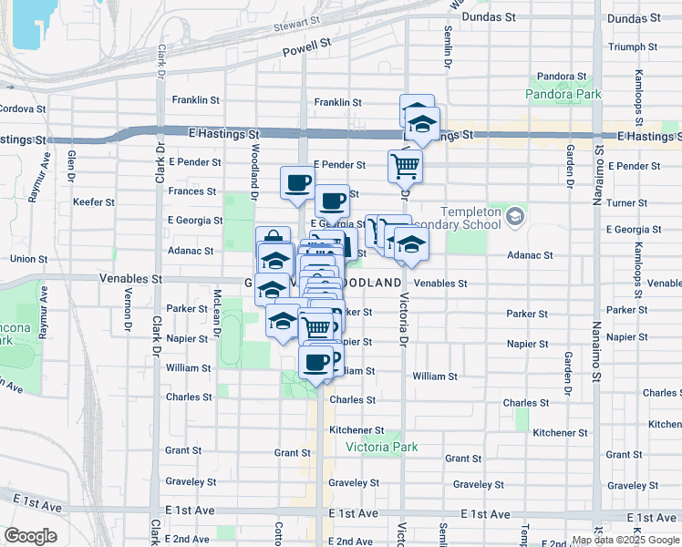 map of restaurants, bars, coffee shops, grocery stores, and more near 885 Salsbury Drive in Vancouver