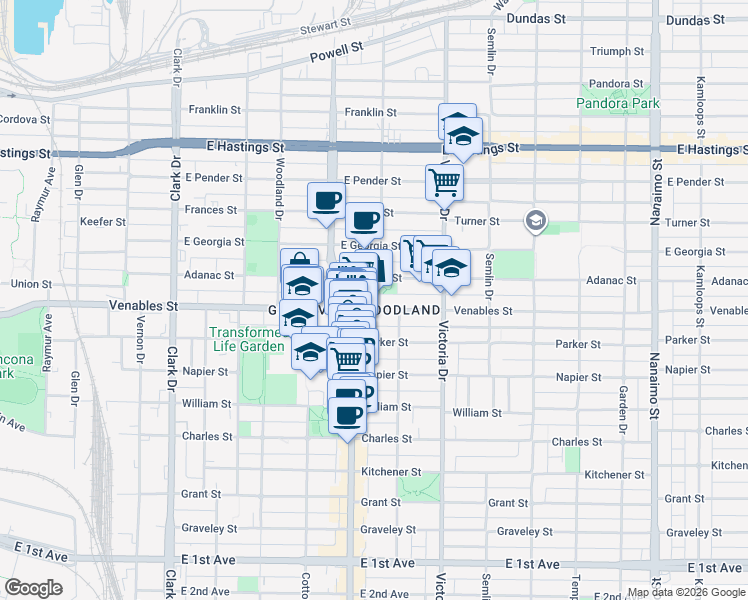 map of restaurants, bars, coffee shops, grocery stores, and more near 885 Salsbury Drive in Vancouver