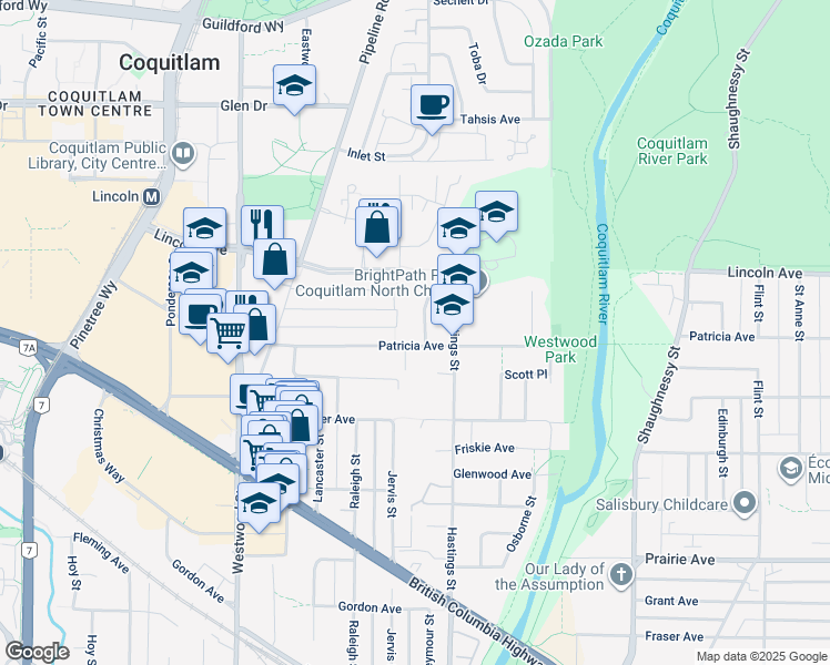 map of restaurants, bars, coffee shops, grocery stores, and more near 3611 McRae Crescent in Port Coquitlam