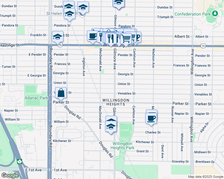 map of restaurants, bars, coffee shops, grocery stores, and more near 853 Gilmore Avenue in Burnaby