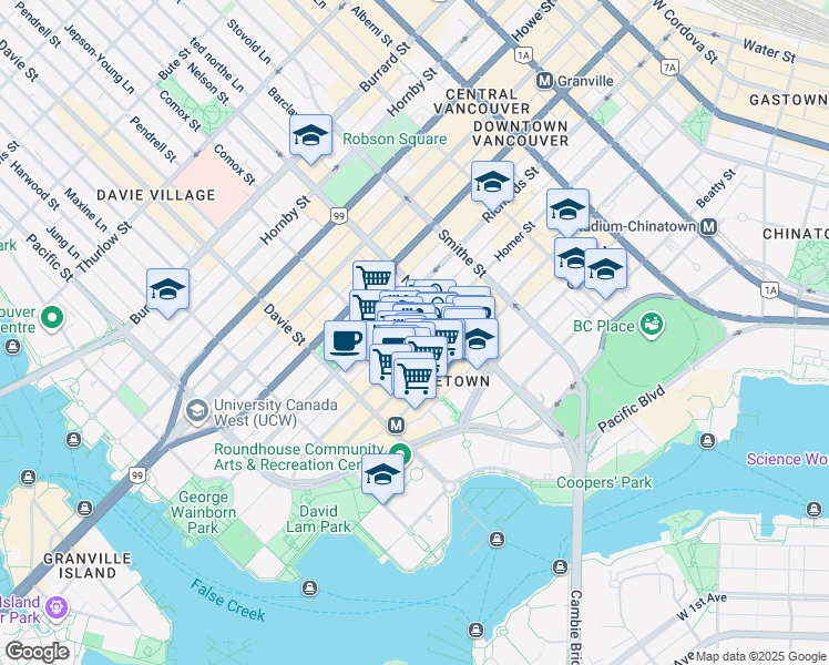 map of restaurants, bars, coffee shops, grocery stores, and more near 1055 Homer Street in Vancouver