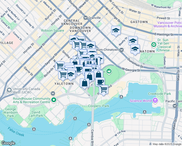 map of restaurants, bars, coffee shops, grocery stores, and more near 869 Beatty Street in Vancouver