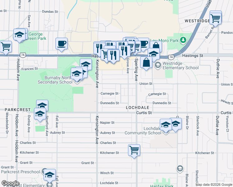 map of restaurants, bars, coffee shops, grocery stores, and more near 6555 Carnegie Street in Burnaby
