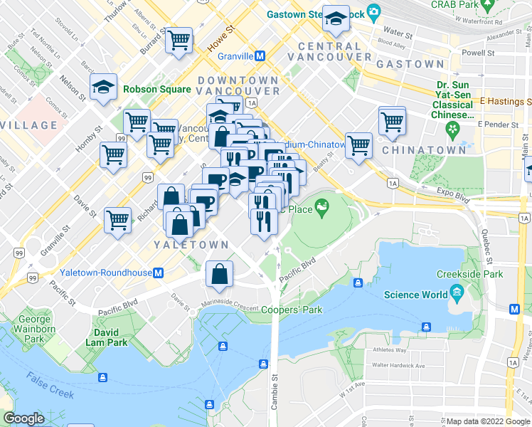 map of restaurants, bars, coffee shops, grocery stores, and more near in Vancouver