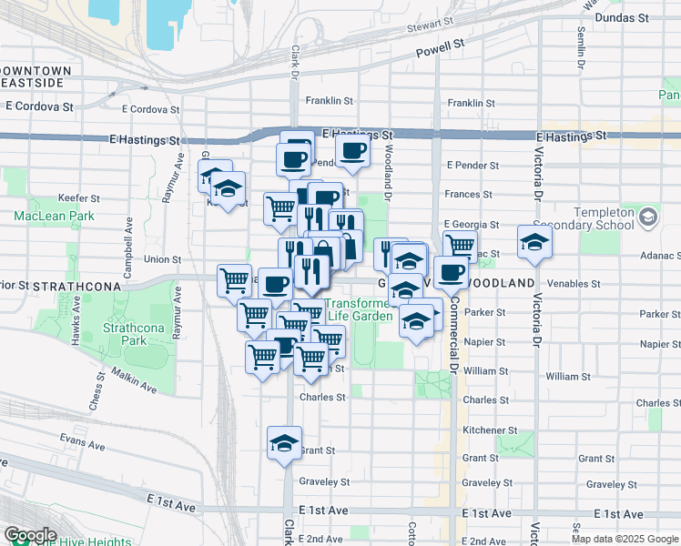 map of restaurants, bars, coffee shops, grocery stores, and more near in Vancouver