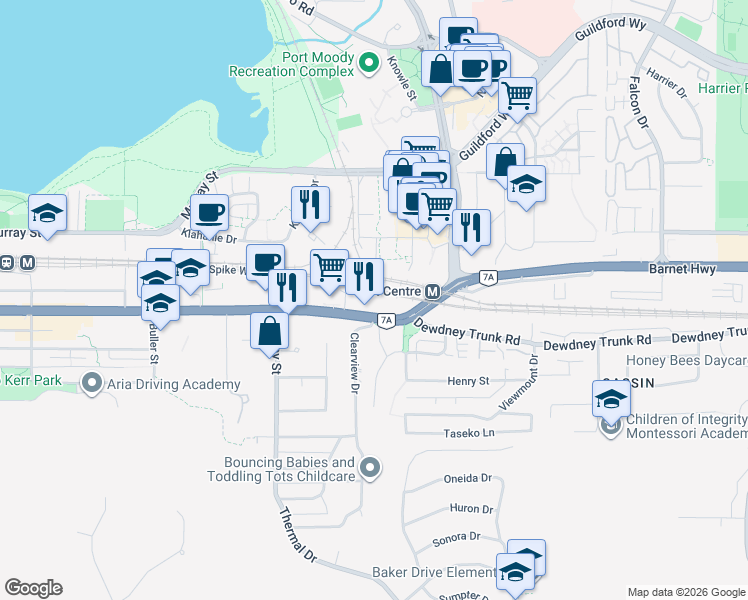 map of restaurants, bars, coffee shops, grocery stores, and more near 3260 Saint Johns Street in Port Moody