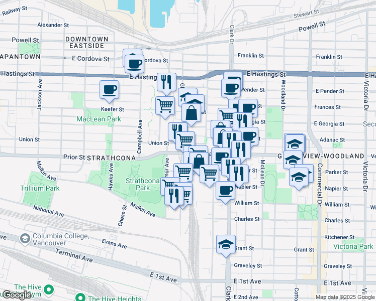 map of restaurants, bars, coffee shops, grocery stores, and more near in Vancouver