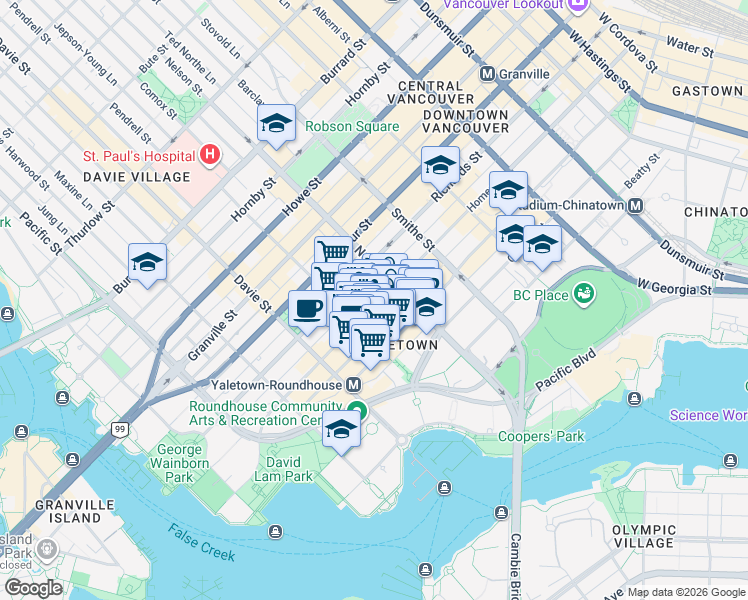 map of restaurants, bars, coffee shops, grocery stores, and more near 1053 Homer Street in Vancouver