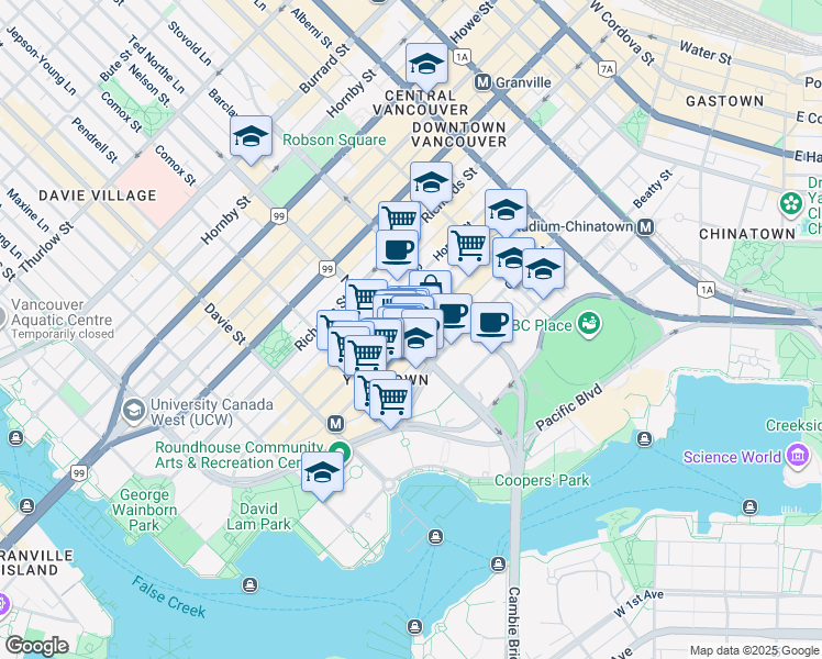 map of restaurants, bars, coffee shops, grocery stores, and more near 901 Mainland Street in Vancouver