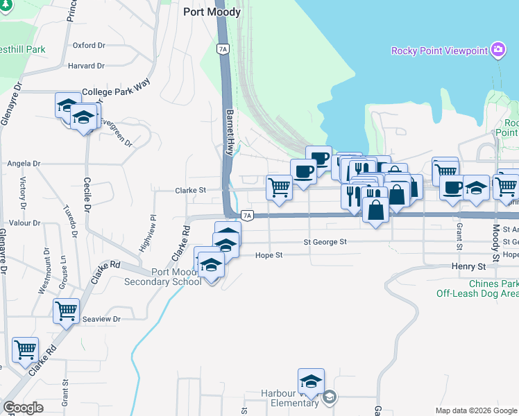 map of restaurants, bars, coffee shops, grocery stores, and more near 2128 Spring Street in Port Moody