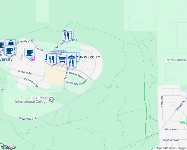 map of restaurants, bars, coffee shops, grocery stores, and more near 9380 University Crescent in Burnaby