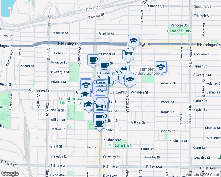 map of restaurants, bars, coffee shops, grocery stores, and more near 832 Salsbury Drive in Vancouver