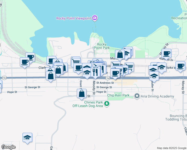 map of restaurants, bars, coffee shops, grocery stores, and more near in Port Moody