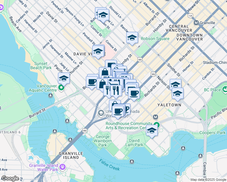 map of restaurants, bars, coffee shops, grocery stores, and more near 1295 Seymour Street in Vancouver