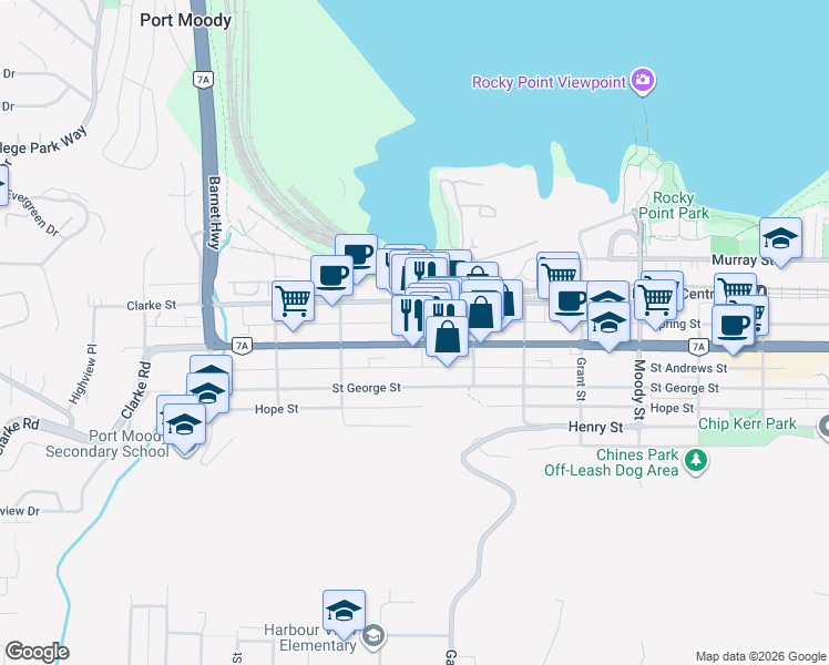 map of restaurants, bars, coffee shops, grocery stores, and more near 95 Queens Street in Port Moody