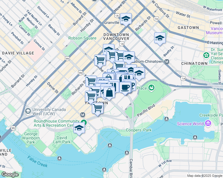 map of restaurants, bars, coffee shops, grocery stores, and more near 910 Mainland Street in Vancouver