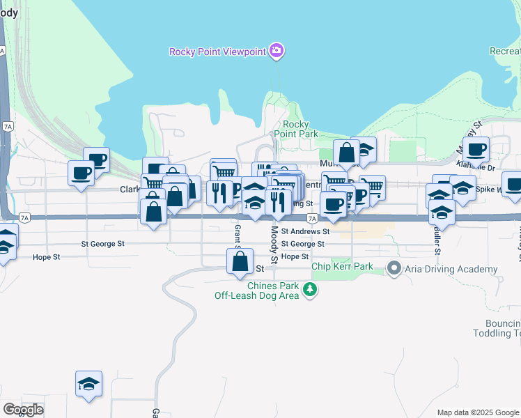 map of restaurants, bars, coffee shops, grocery stores, and more near 95 Moody Street in Port Moody