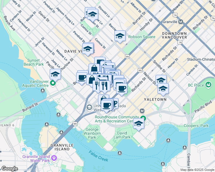 map of restaurants, bars, coffee shops, grocery stores, and more near 1227 Granville Street in Vancouver