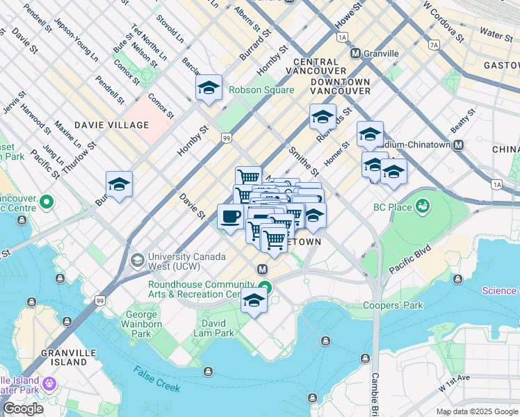 map of restaurants, bars, coffee shops, grocery stores, and more near 815-1088 Richards Street in Vancouver