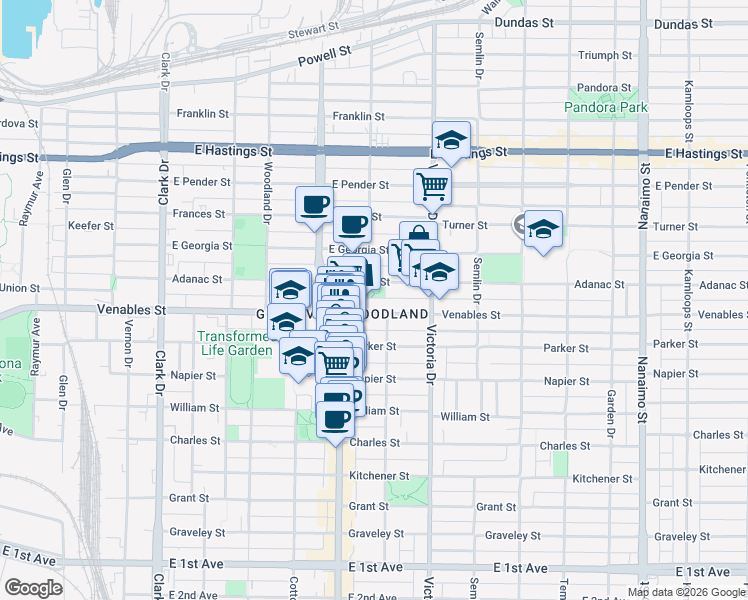 map of restaurants, bars, coffee shops, grocery stores, and more near 832 Salsbury Drive in Vancouver