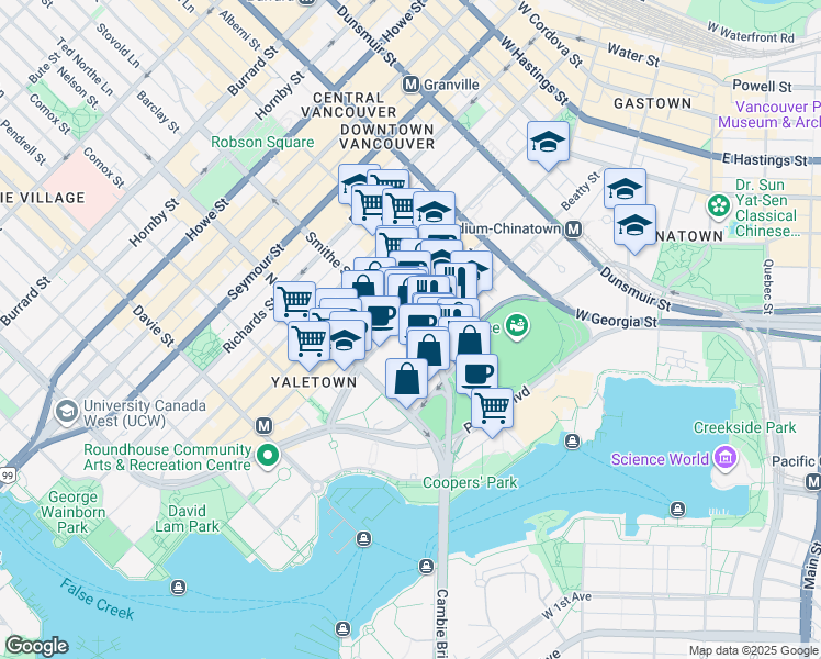 map of restaurants, bars, coffee shops, grocery stores, and more near 309-896 Cambie Street in Vancouver