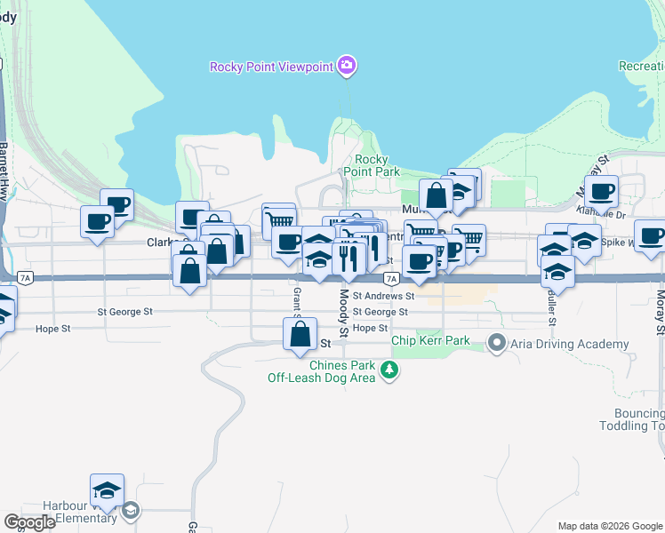 map of restaurants, bars, coffee shops, grocery stores, and more near 2751 Spring Street in Port Moody